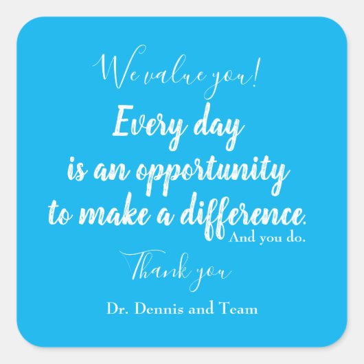 患者サンキューブルーホワイトタイポグラフィ スクエアシール (正面)