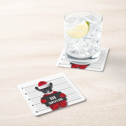 悪いサンタの犬のマグショットのおもしろいクリスマス スクエアペーパーコースター (インサイチュ)