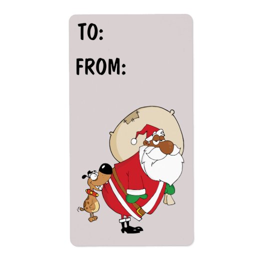 悪い犬が黒いサンタのギフトラベルをかむ ラベル (正面)
