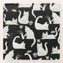 悪い猫が物を叩き、白い猫が黒 ガラスコースター
