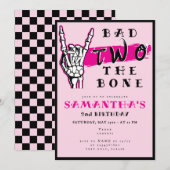 悪い2歳の骨ピンクのスケルトンの手の2回目の誕生日 招待状 (正面/裏面)