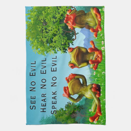 悪のカエル話の声が聞こえないのを見るユーモアのある キッチンタオル (縦)