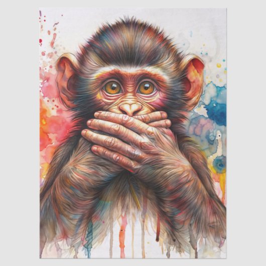 悪口を言わぬ猿の水彩画アート 薄葉紙 (正面)