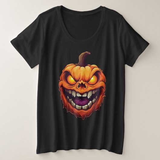 悪意に満ちた笑顔のカボチャ プラスサイズTシャツ (デザイン正面)