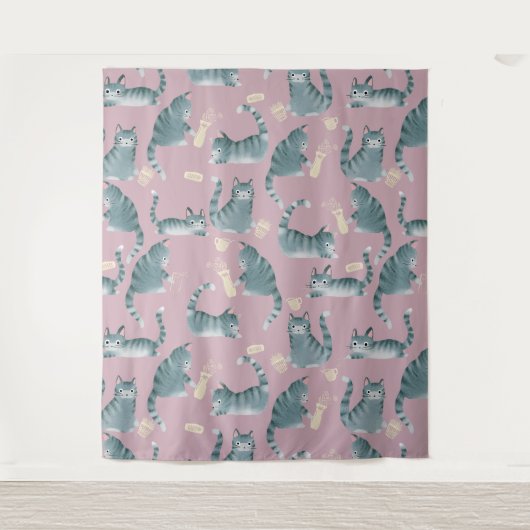 悪灰色のタビー猫がパターンを物ノック タペストリー (正面)