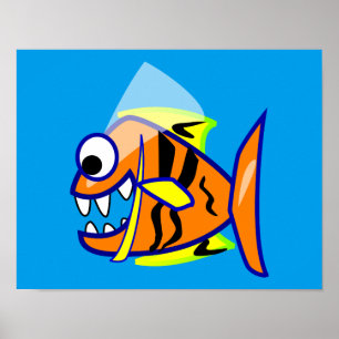 悪質な漫画おもしろいピラニャ魚の海のロゴグラフィ ポスター