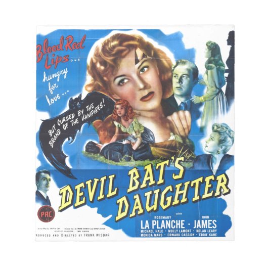 悪魔こうもりの娘、ヴィンテージホラー映画のポスター ノートパッド (正面)