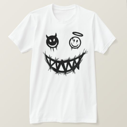 悪魔と天使のスマイリーフェイス グランジモンスターの歯 Tシャツ (デザイン正面)