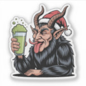 悪魔のクランプスが緑茶飲料抹茶を飲む クリスマス シール (正面)