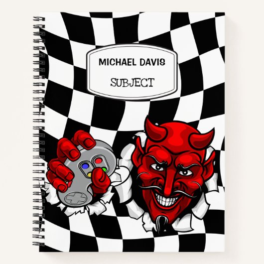 悪魔のゲーマーがビデオゲームのコントローラを持っている ノートブック (正面)