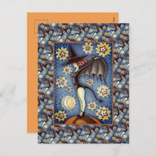 悪魔の尾の魔女とこうもりの翼、星空の夜セクシー シーズンポストカード (正面/裏面)