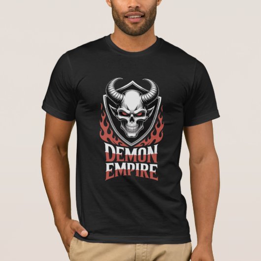 悪魔の帝国 ドクロ グラフィック 角のある悪魔の盾 Tシャツ (正面)