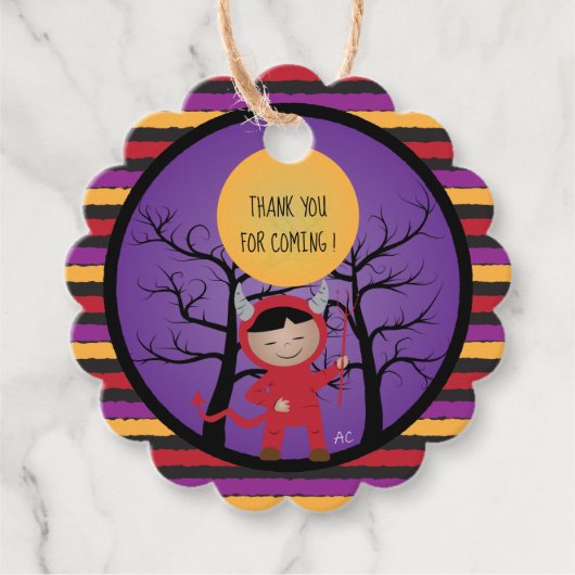 悪魔の衣装を着た子供ハロウィーンメッセージカード フェイバータグ (正面)