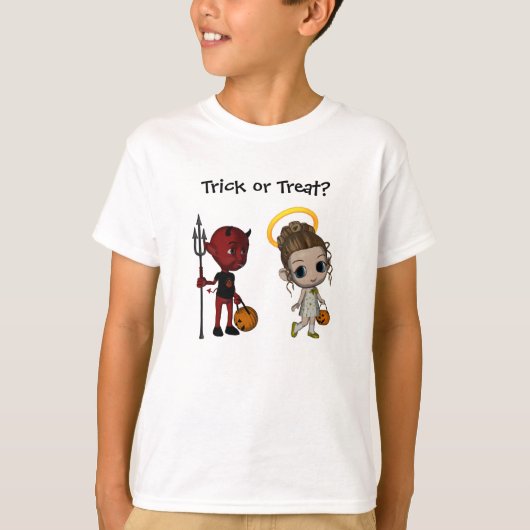 悪魔または天使のトリックまたはハロウィーンを扱う Tシャツ (正面)