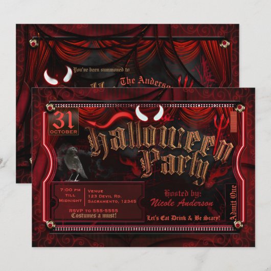 悪魔的なハロウィンコスチュームパーティー入場券 招待状 (正面/裏面)