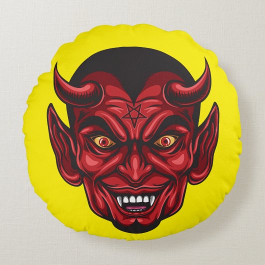 悪魔的な赤い角のある顔 ラウンドクッション (正面)