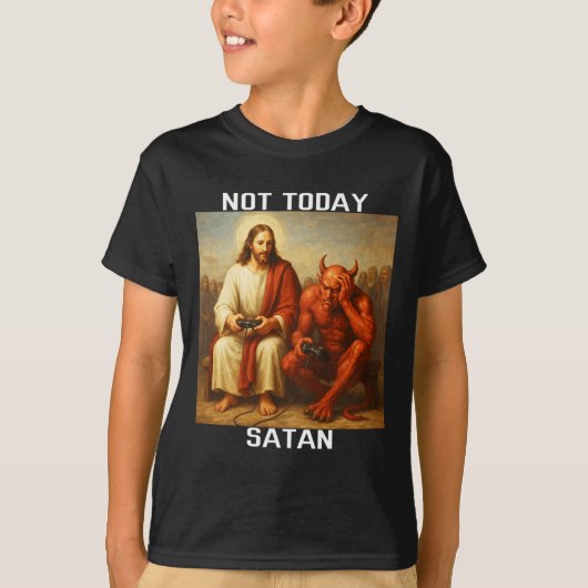 悪魔退散 今日はダメだサタン イエス対サタン ゲーマー ゲーム Tシャツ (正面)