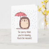 悲しいハリネズミ雨の中で傘を持って、お別れ カード (黄色い花)