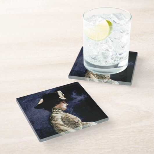 悲しいビクトリアンヴィンテージの帽子をかぶった女性 ガラスコースター (アングル)