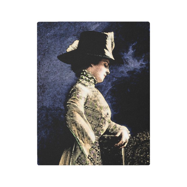 悲しいビクトリアンヴィンテージの帽子をかぶった女性 メタルプリント (正面)