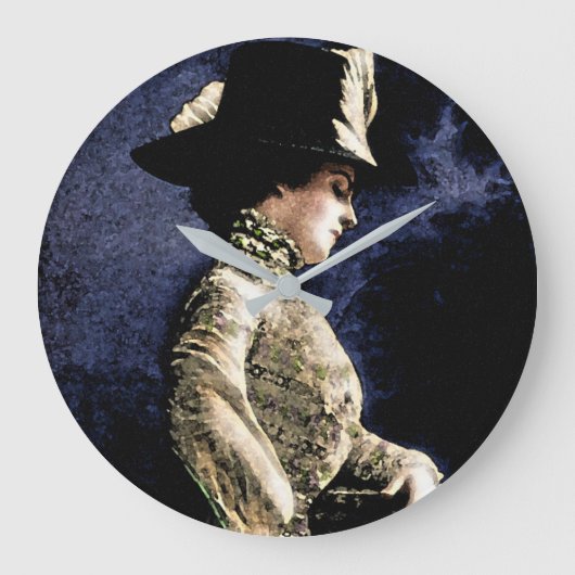 悲しいビクトリアンヴィンテージの帽子をかぶった女性 ラージ壁時計 (正面)