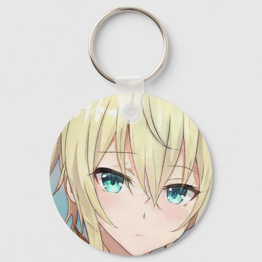 悲しいブロンドの女の子の緑の目アニメマンガ キーホルダー (正面)