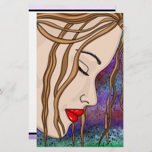 悲しい女性の深い考えデジタルアート 便箋 (正面/裏面)