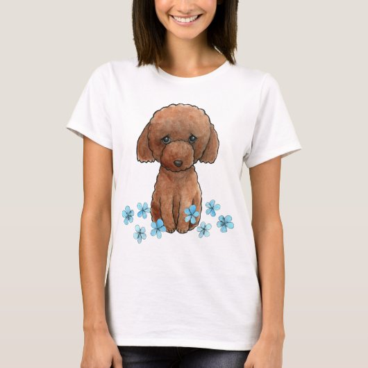 悲しい子犬の赤いプードルかわいいチョコレートドードルパピー Tシャツ (正面)
