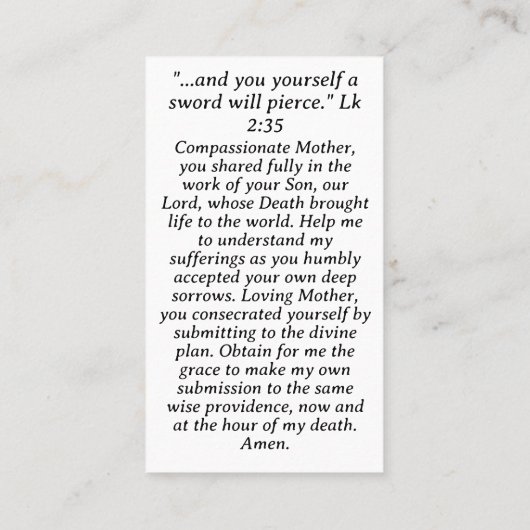 悲しい母祈りの言葉カード コーリングカード (裏面)