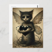 悲しい猫の妖精と黒いハート ポストカード (正面/裏面)