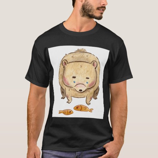 悲しい表情のクマと魚のイラスト Tシャツ (正面)
