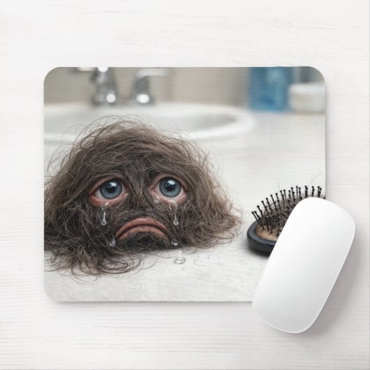 悲しい顔とヘアブラシのある抜け毛 マウスパッド (マウス)
