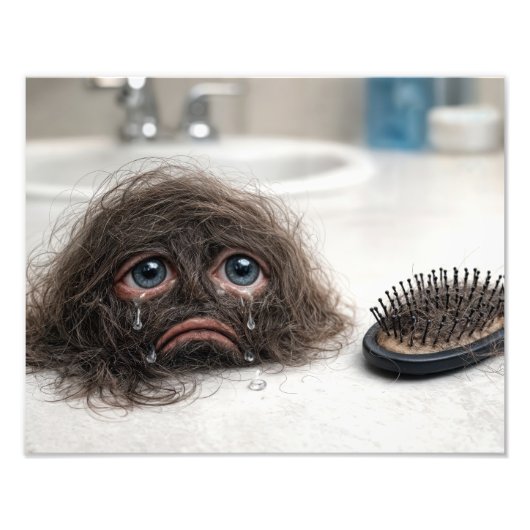 悲しい顔の抜け毛とヘアブラシ フォトプリント            (正面)