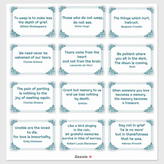 悲しみ引用文のバラコーナーフレーム深いティール（緑がかった色）白 シール (シート)