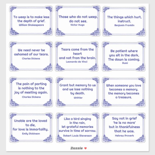 悲しみ引用文のバラコーナーフレーム深いブルーホワイト シール (シート)