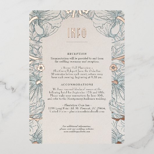 情報と詳細のヴィンテージビクトリアンフローラ結婚の 箔招待状 (正面)