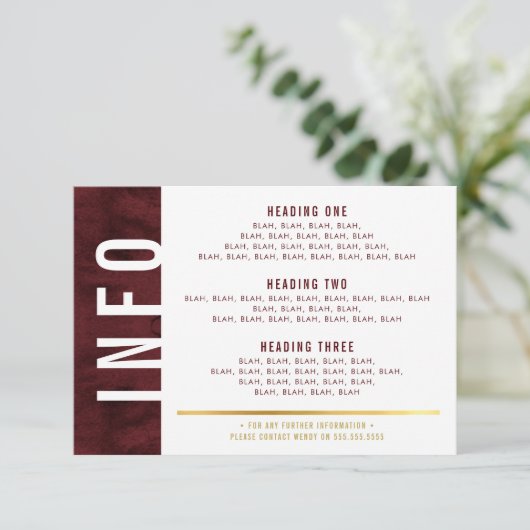 情報詳細 太字 ブロック 現代的な赤 ワインレッド ゴールド 出欠カード (スタンド正面)