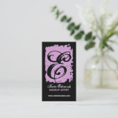 情報通およびはっきりしたなモノグラムのラベンダー 名刺 (スタンド正面)