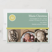 情報通のセージグリーンの生まれたばかりのな写真の誕生の発表 案内状 (正面)