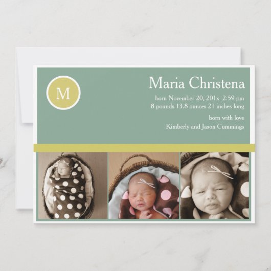 情報通のセージグリーンの生まれたばかりのな写真の誕生の発表 案内状 (正面)