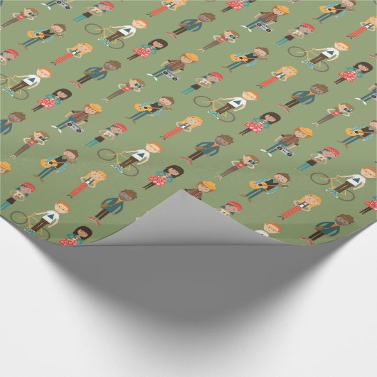 情報通の漫画の人々のイラストレーションパターン(緑) ラッピングペーパー (角)