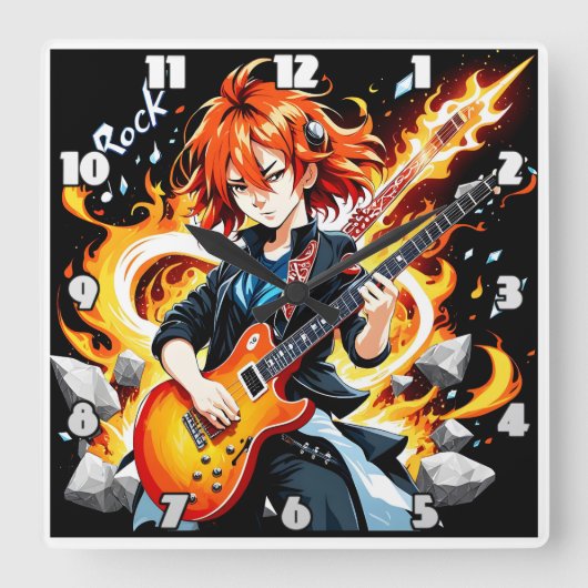 情熱的なミュージシャンがエレキギターを弾く スクエア壁時計 (正面)
