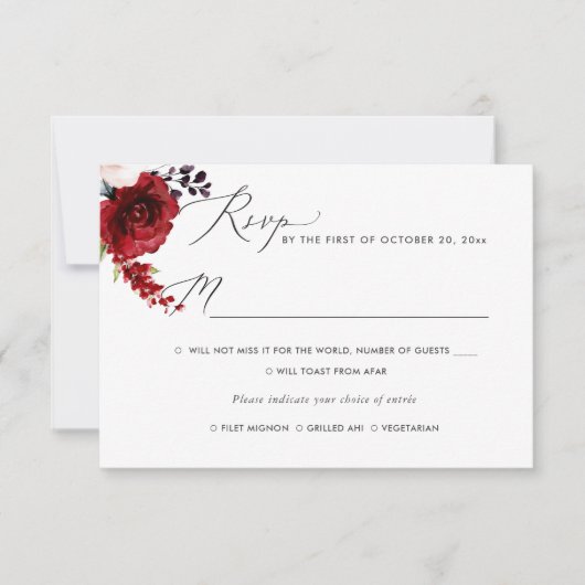 情熱的な花の水彩画の花、食事付きの返信カード 招待状 (正面)