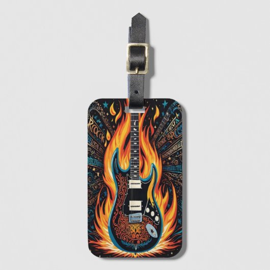 情熱的鮮やかなディスプレイで燃え上がるギター ラゲッジタグ (正面縦)