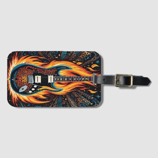 情熱的鮮やかなディスプレイで燃え上がるギター ラゲッジタグ (正面横)