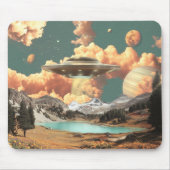 惑星が見える山の湖の上の超現実的なUFO マウスパッド (正面)