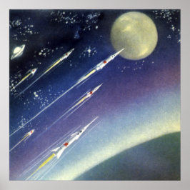 惑星で宇宙を飛ぶヴィンテージSFロケット ポスター