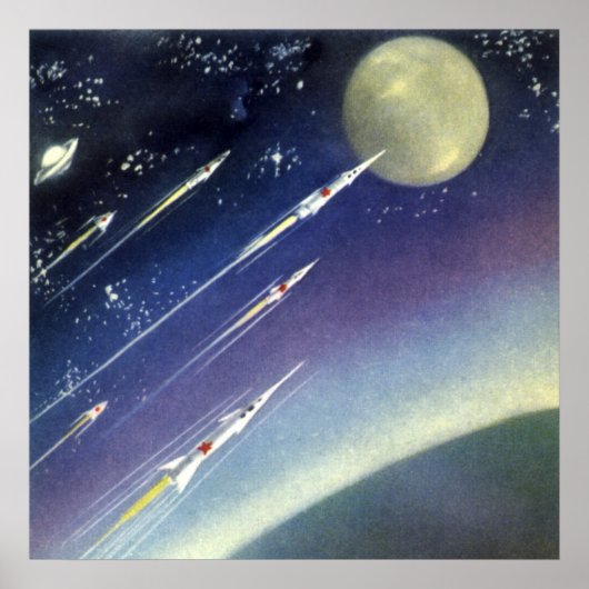 惑星で宇宙を飛ぶヴィンテージSFロケット ポスター (正面)