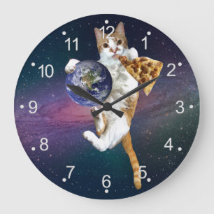 惑星とのピ食べ物ザを持つ猫 ラージ壁時計