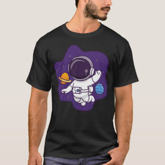 惑星と宇宙に浮かぶ可愛い宇宙飛行士 Tシャツ